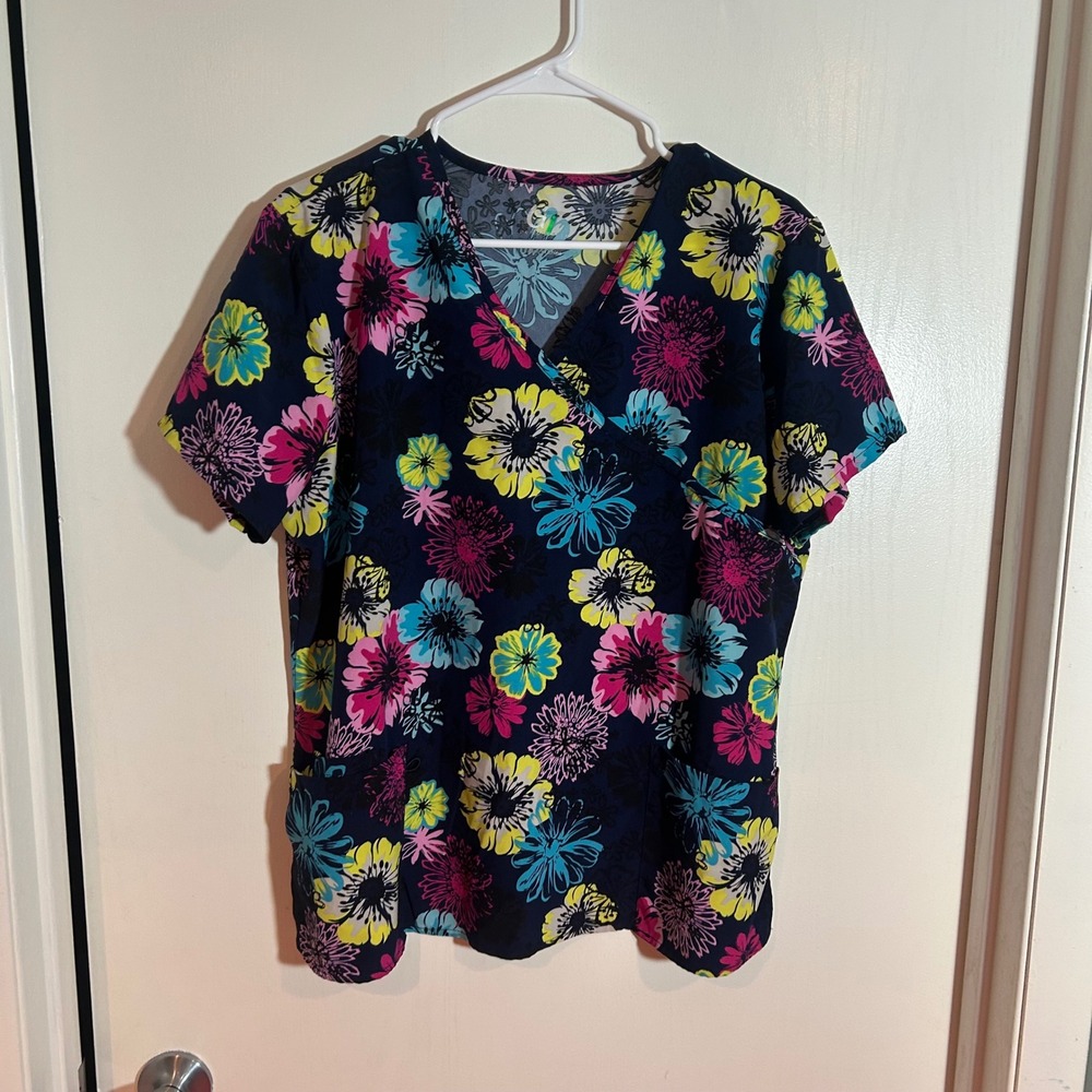 G Performance Floral Mock Wrap Scrub Top Navy Pink Yellow Large